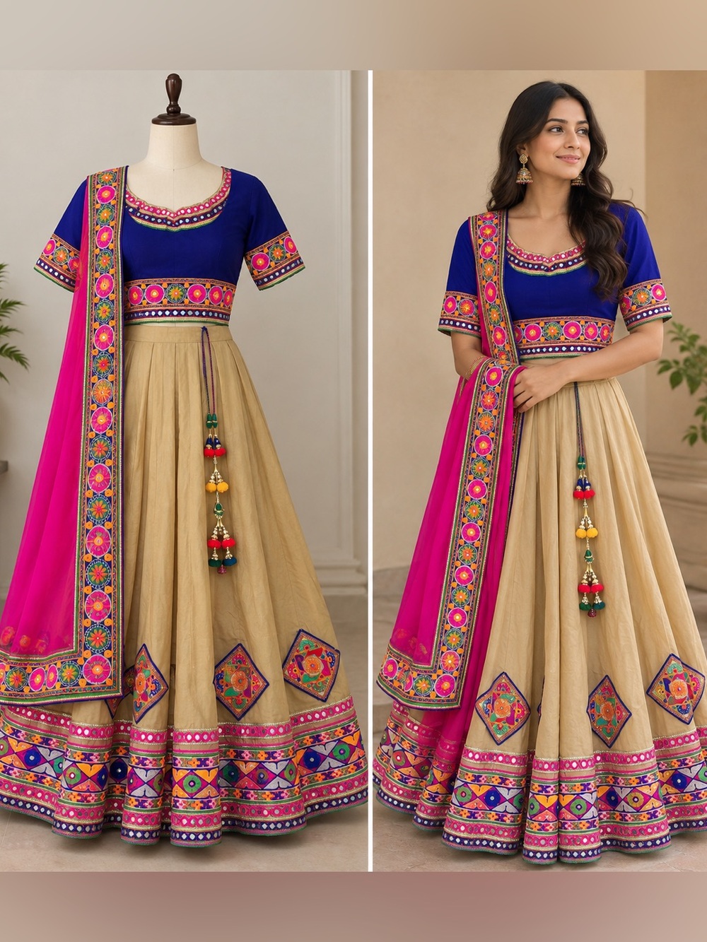 Gorgeous navratri chaniya choli in cream pink and blue